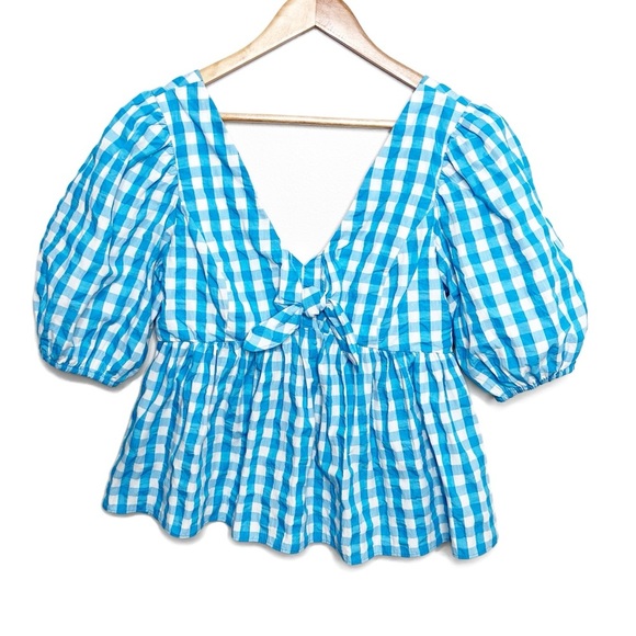 Lilly Pulitzer Sarafina Gingham Babydoll Womens Puff Short Sleeve Tie Top Blouse - Picture 3 of 16